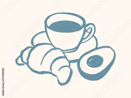 coffee croissant avocado breakfast hand-drawn sketch vector illustration