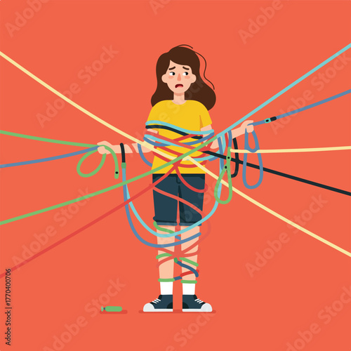 A person, tangled in colorful ropes, looks worried, set against a coral background