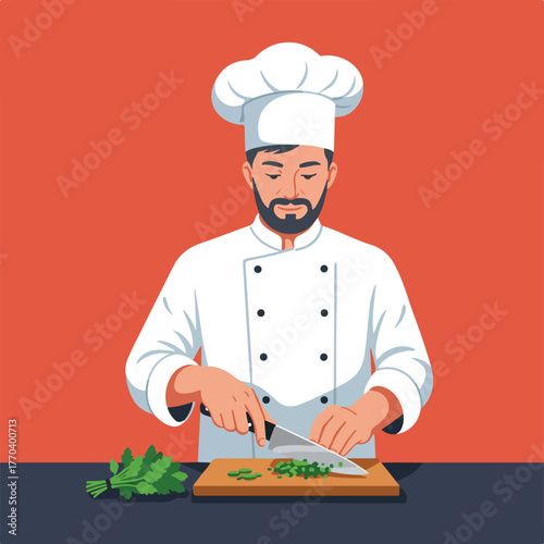 A chef in a white uniform and hat carefully chops herbs on a wooden board. The background is solid red