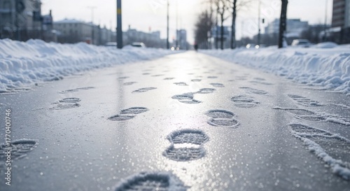 Footprints on snowy sidewalk glistening under winter sunlight  