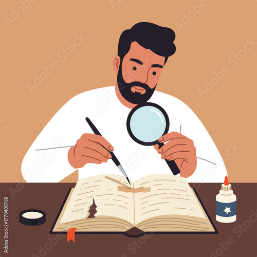 An illustrated man with a beard uses a magnifying glass and a tool to repair an old, damaged book
