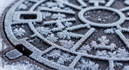 Frosted metal manhole cover with intricate snowflake patterns  