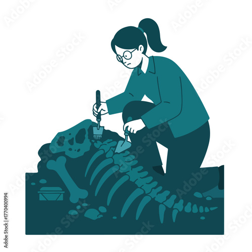 Illustration of an archaeologist excavating fossilized skeletal remains, using small tools