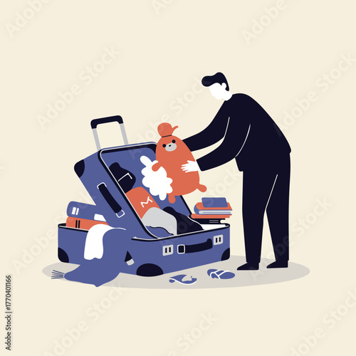 A person packing a suitcase with clothes, books, and a stuffed animal, preparing for a trip