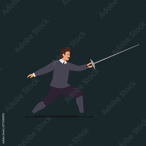 A cartoon fencer, dressed in period attire, lunges forward with a rapier. Dark background