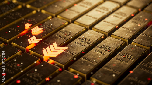 Gold Bars Stacked in a Vault With Red Arrows Pointing Down Symbolizing Falling Gold Prices, Market's Decline