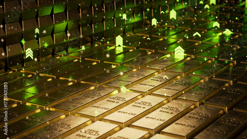 Gold Bars With Rising Green Arrows Signaling Rising Gold Prices. Wealth Growth and Investment Momentum