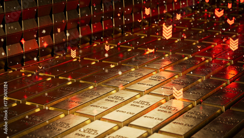 Gold Bars Stacked in a Vault With Red Arrows Pointing Down Symbolizing Falling Gold Prices, Market's Decline