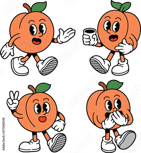 Retro cartoon peaches with arms and legs in different poses