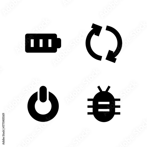 Essential UI Icon Set - Battery Power Reboot and Bug Report System Elements