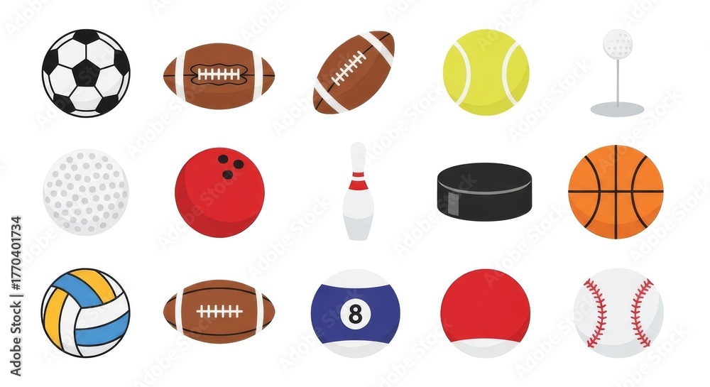 Obraz premium Collection of various sports equipment, including balls, pucks, and pins, for recreational activities.