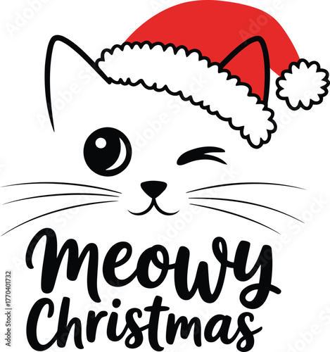 Cute white cat wearing a santa hat winking with meowy christmas text