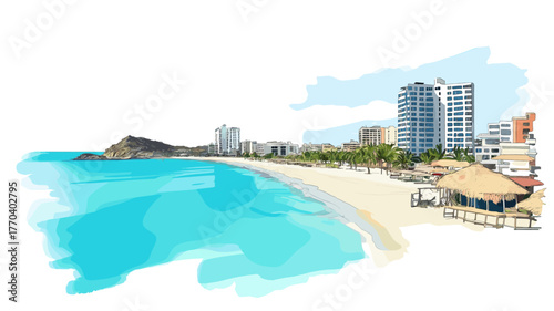 Salinas beach resort. Salinas beach resort hand drawn watercolor illustration