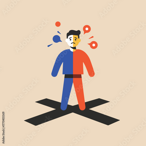 Illustration of a divided person, blue and red attire, standing on a crossroads, with speech bubbles