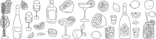 Hand drawn citrus and wine sketch elements for design Elegant doodle line art featuring lemons, a wine glass, and limoncello cocktail. Perfect for backgrounds, cards, invitations, and packaging.