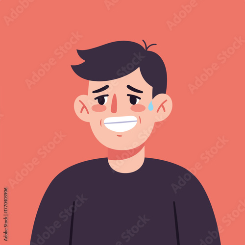 Cartoon illustration of a man with dark hair, a worried expression, smiling awkwardly, and sweat