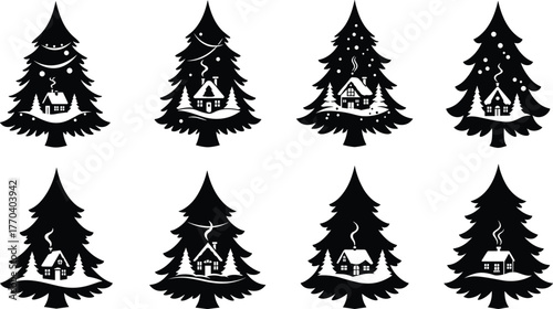 Winter pine tree silhouettes, cozy cabin illustration, festive Christmas design, snow covered houses, holiday season vector, black forest art, seasonal decoration