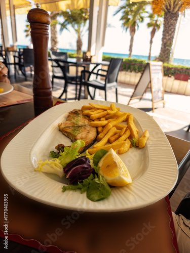 Grilled or Barbecue swordfish with chips, salad and lemon on a white plate in restaurant at Mediterranean Sea background. Healthy nutrition.