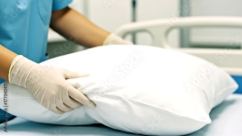 Making Bed with Pillow in Hospital Room for Patient Comfort