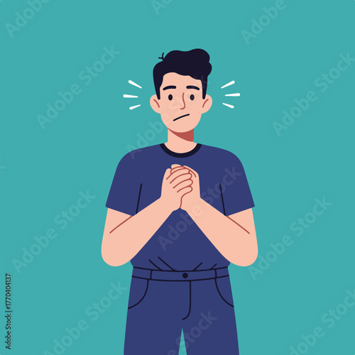 A worried man with clasped hands, in a blue shirt and pants, against a teal background