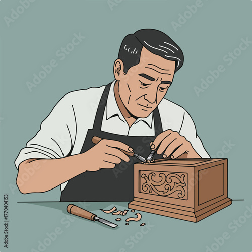 A craftsman in an apron, meticulously carves a wooden box with tools, shavings on the table