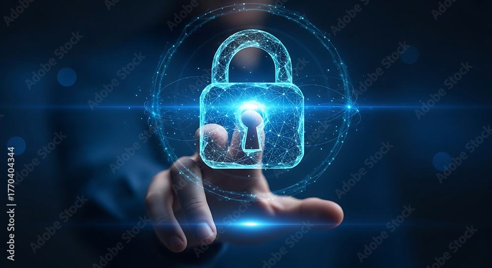 Fototapeta premium A person's finger touches a glowing digital padlock icon, symbolizing cybersecurity and data protection.
