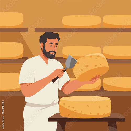 A bearded man in an apron inspects a round cheese with a tool, surrounded by many wheels of cheese