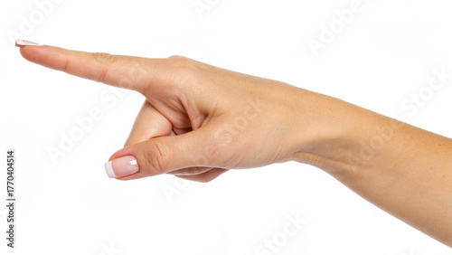 Fotografie A woman's  hand with an extended index finger isolated on a white background