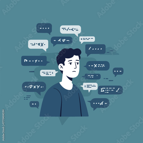 Illustration of a person surrounded by speech bubbles with abstract text, conveying confusion or contemplation