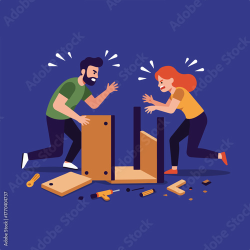 Illustration of a couple frustrated while assembling furniture, tools and parts scattered