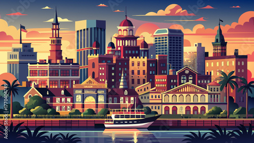Very beautiful Savannah, Georgia skyline of historic downtown at sunset, featuring illuminated buildings, charming streets, and steam boats along the river, capturing the city’s historic and romantic 