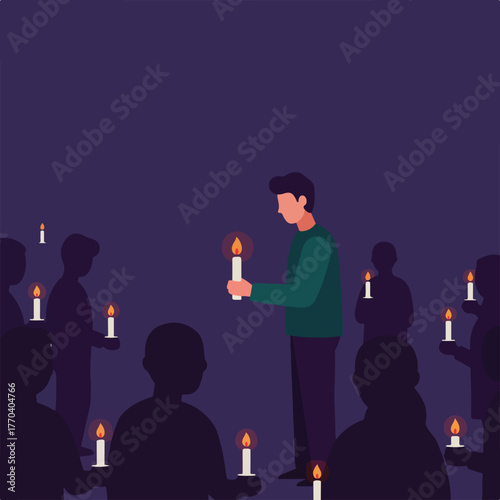 An illustration depicting a gathering, several figures holding lit candles in a somber dark setting