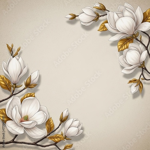 Elegant Beige Background Featuring White Magnolia Flowers and Golden Leaves Decoration