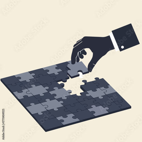 A hand, in a dark suit, places a jigsaw puzzle piece into an incomplete puzzle on a beige background