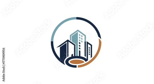 Modern Cityscape Logo Design with Buildings and Circular Element.