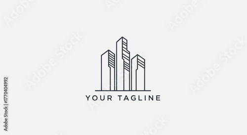 Minimalist architectural design featuring three modern skyscrapers with a tagline.