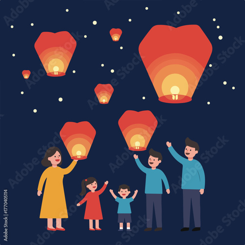 A family joyfully releases illuminated lanterns into the night sky, celebrating a festive occasion