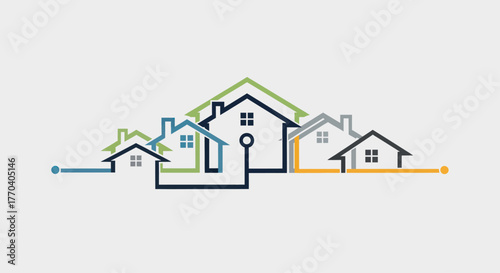 Colorful Line Art Depicting a Connected Network of Houses.