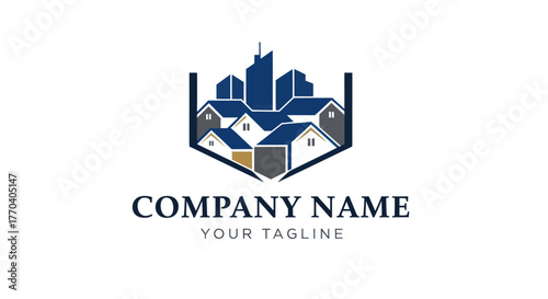 Real estate logo with city skyline and suburban houses.