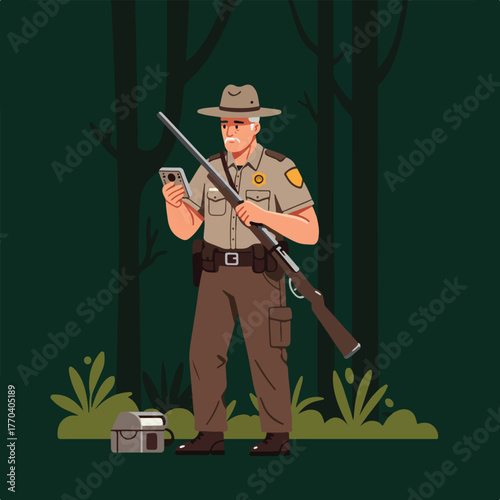 A park ranger in uniform, hat, & rifle looks at his phone in a forest, case nearby