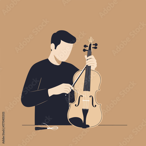 A person in a minimalist style illustration is holding a violin, bow close by on a brown background