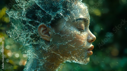Ethereal woman with water-like texture enveloping her head, surrounded by lush greenery, capturing a surreal moment of beauty and nature's harmony in a dreamlike atmosphere