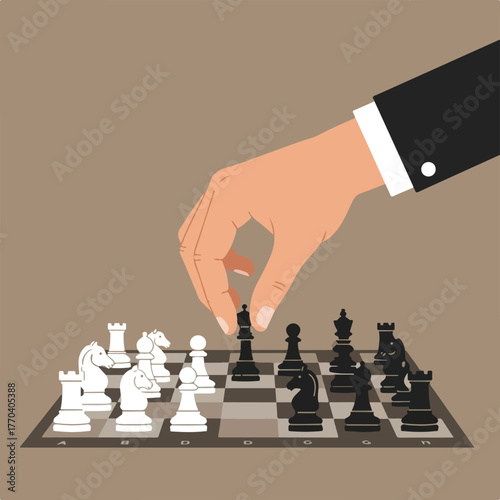 A hand, dressed in a black suit, prepares to move a black queen piece during a chess game