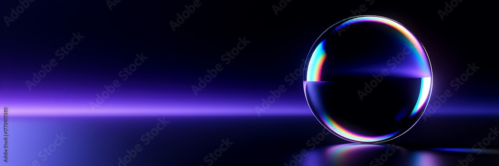 custom made wallpaper toronto digitalAbstract futuristic background with a glass sphere. Transparent crystal lens reflecting vibrant rainbow colors on a dark purple surface. Modern technology banner with copy space