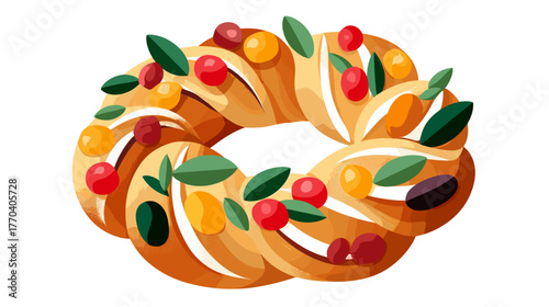 Decorative bread wreath with fruits and leaves in colorful style  