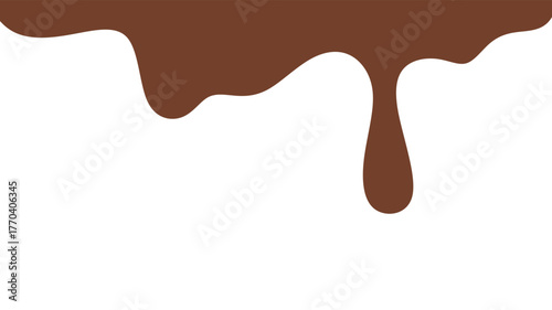 Melted chocolate or syrup drips isolated on a white background. Flowing liquid chocolate border element. A sweet brown syrup or sauce that melts and drips. Minimalist melted chocolate drops.