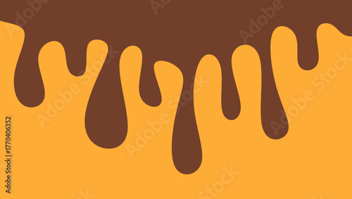 Melted chocolate drops on orange background. Melted chocolate, caramel sauce, or honey dripping from the top. Minimalist dripping melted chocolate.