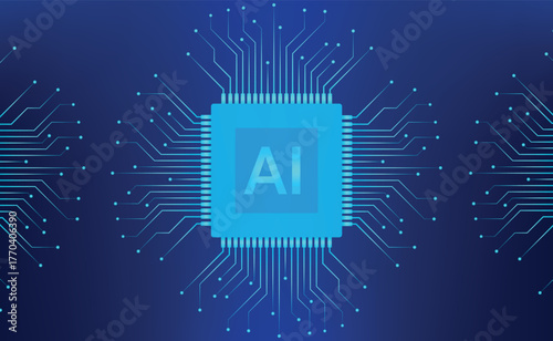 Abstract Ai Blue circuit board background, Artificial intelligence concept with glowing circuit board and ai lettering on a blue background representing the future of technology