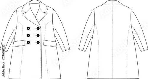 Double breasted overcoat flat sketch, technical fashion drawing, vector illustration, coat design template, apparel CAD drawing, garment construction fashion design