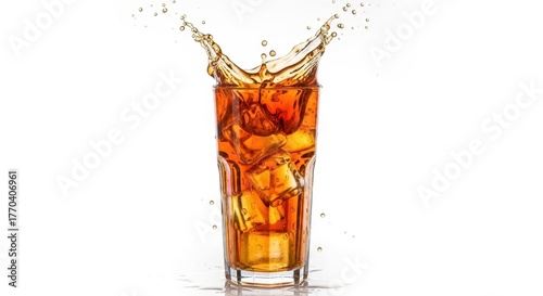 Refreshing ice cold cola splash in tall glass captures motion and beverage energy